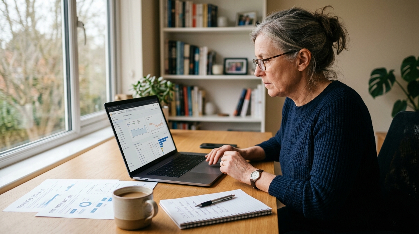 Audit SEO d'une PME par un consultant analysant les données techniques et de contenu pour établir un plan d'action rentable.