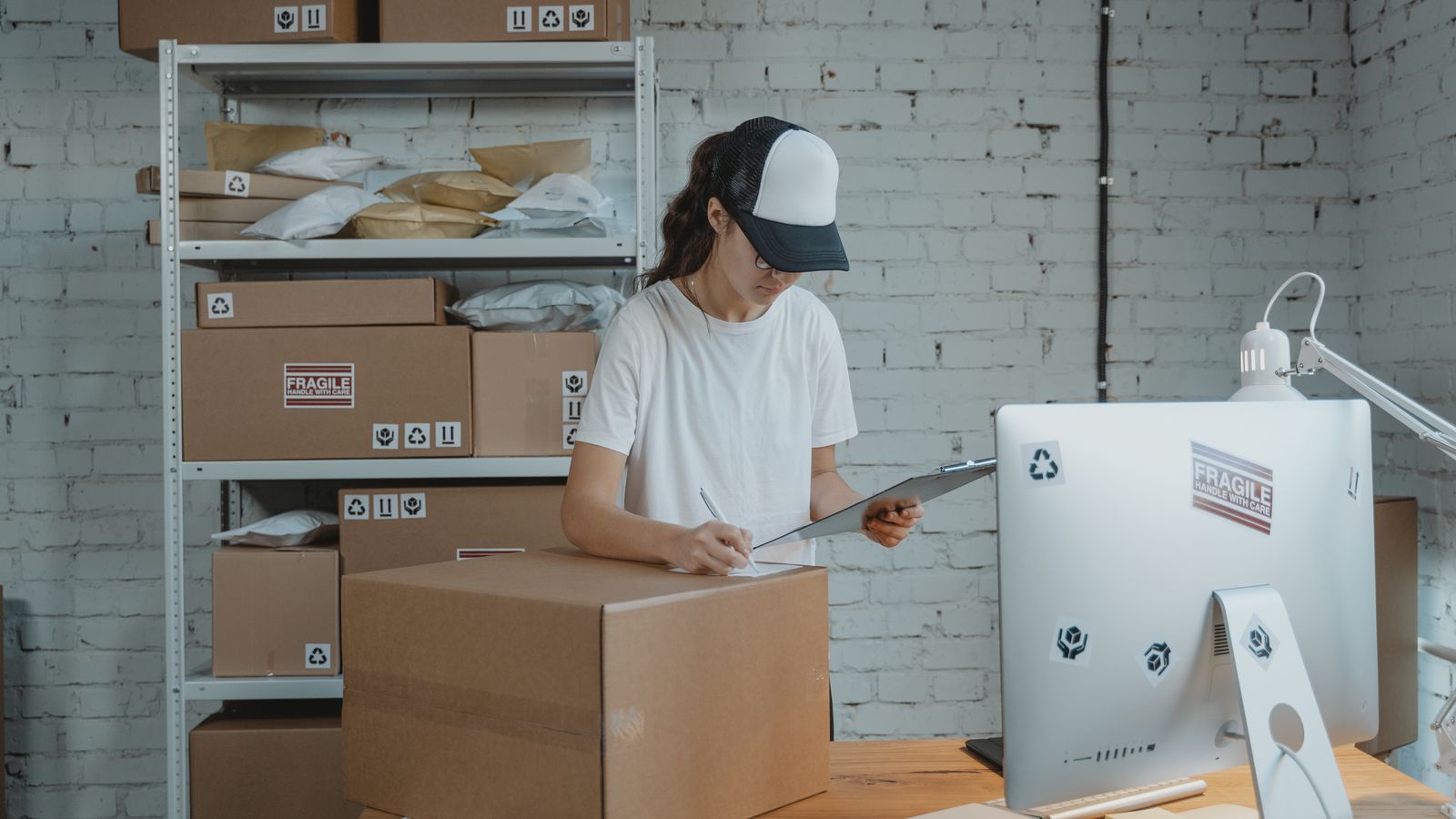 Gestionnaire d'une boutique en ligne notant son inventaire près d'un écran, devant les étagères de stock.