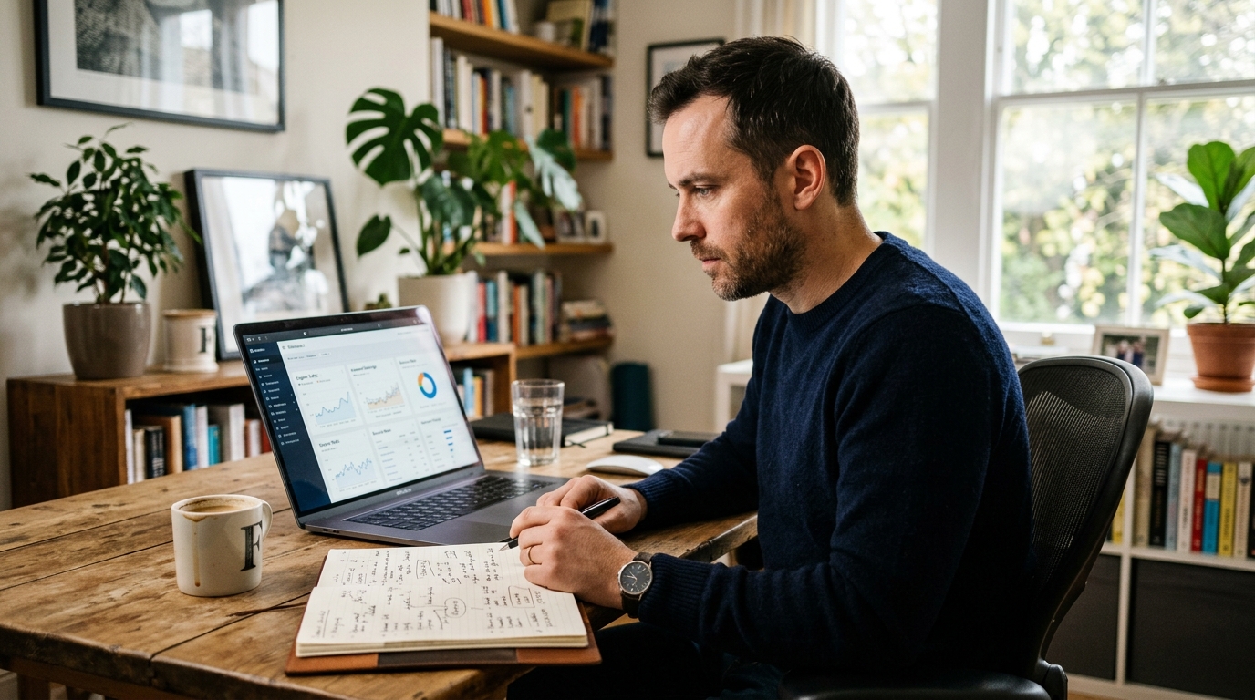 Consultant freelance menant un audit SEO sur ecran, analyse technique d'un site
