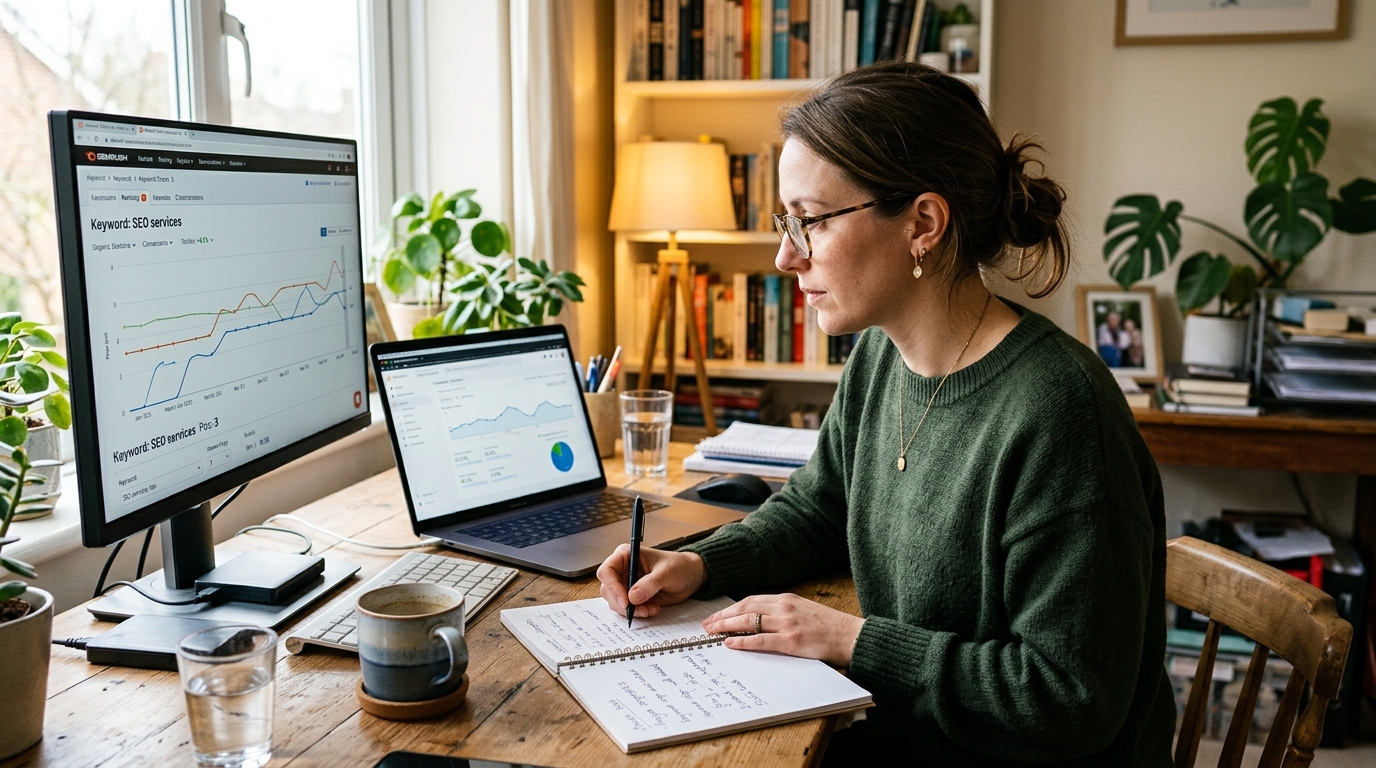 Consultant SEO freelance analysant le trafic organique et les positions d'un site sur son écran