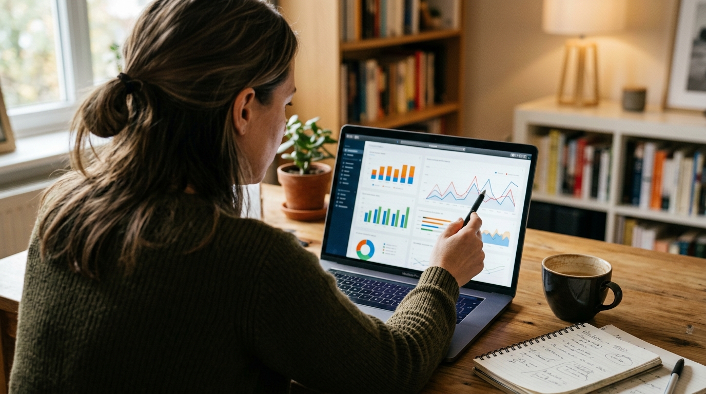 Consultant SEO freelance analysant le reporting des résultats et les KPIs d'une campagne de référencement