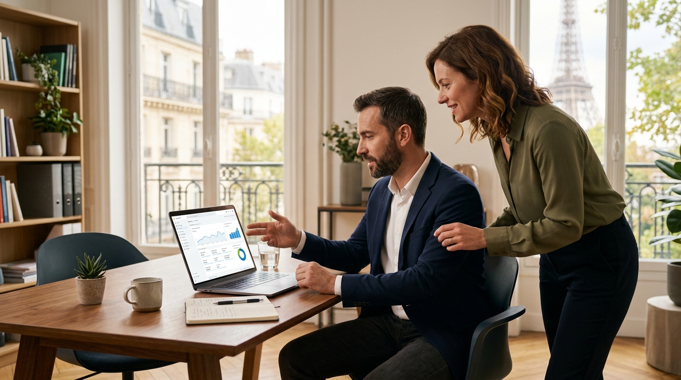 Consultant SEO à Paris analysant des données avec un client dans un bureau moderne