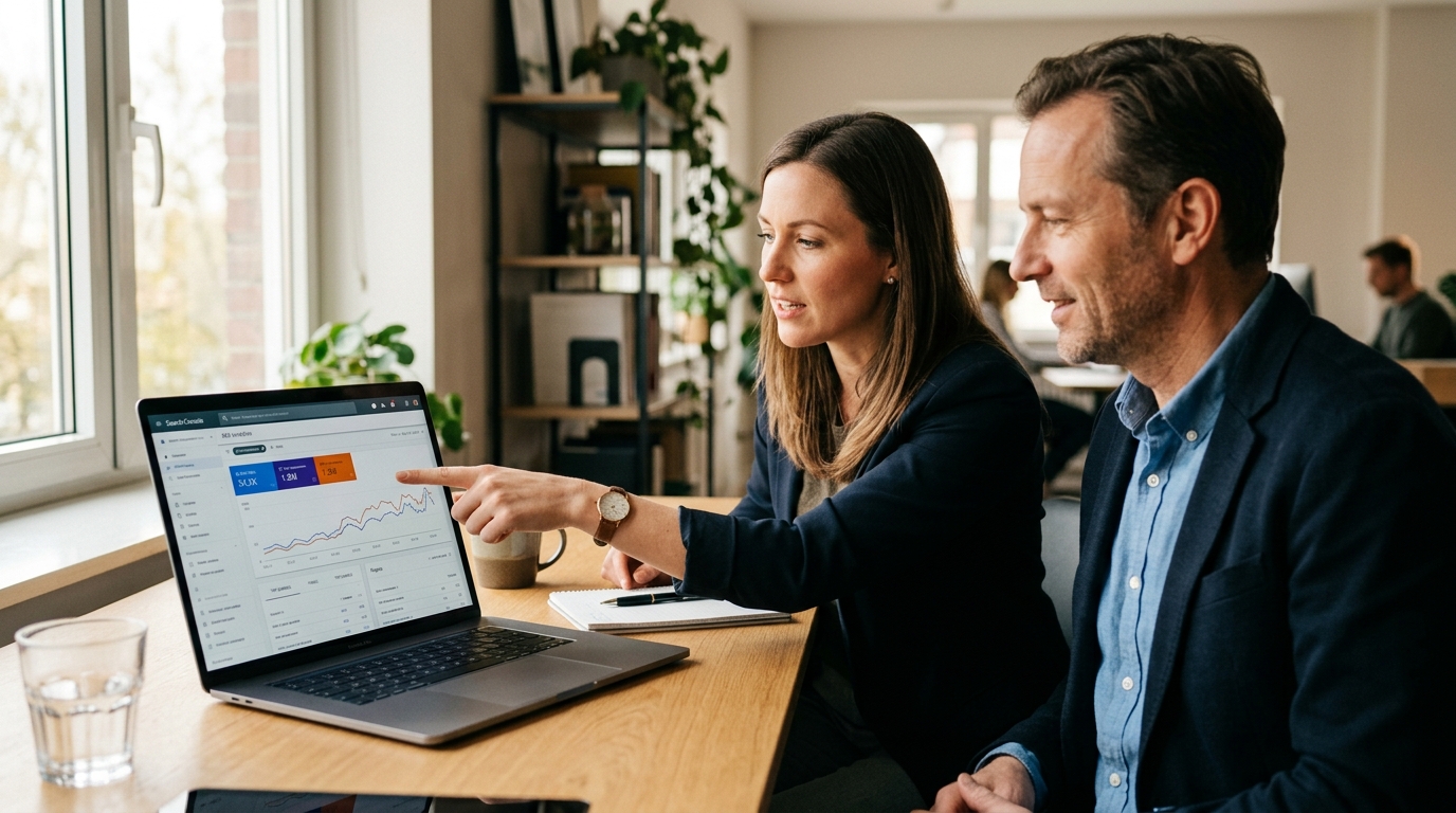 Consultant SEO à Paris partageant un écran Search Console avec un client lors du premier rendez-vous