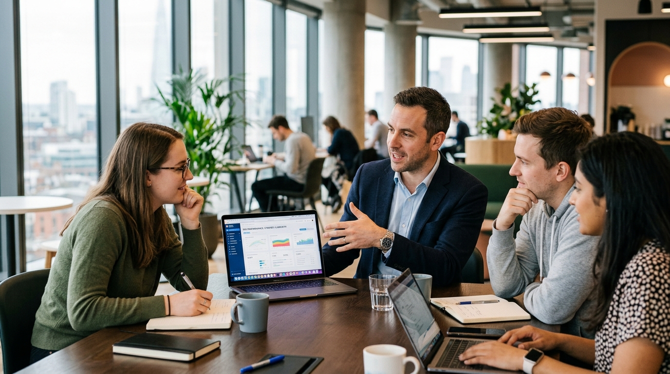 Consultant SEO SaaS expliquant un processus d'optimisation à une équipe, gagnant du temps grâce à son expertise spécialisée.