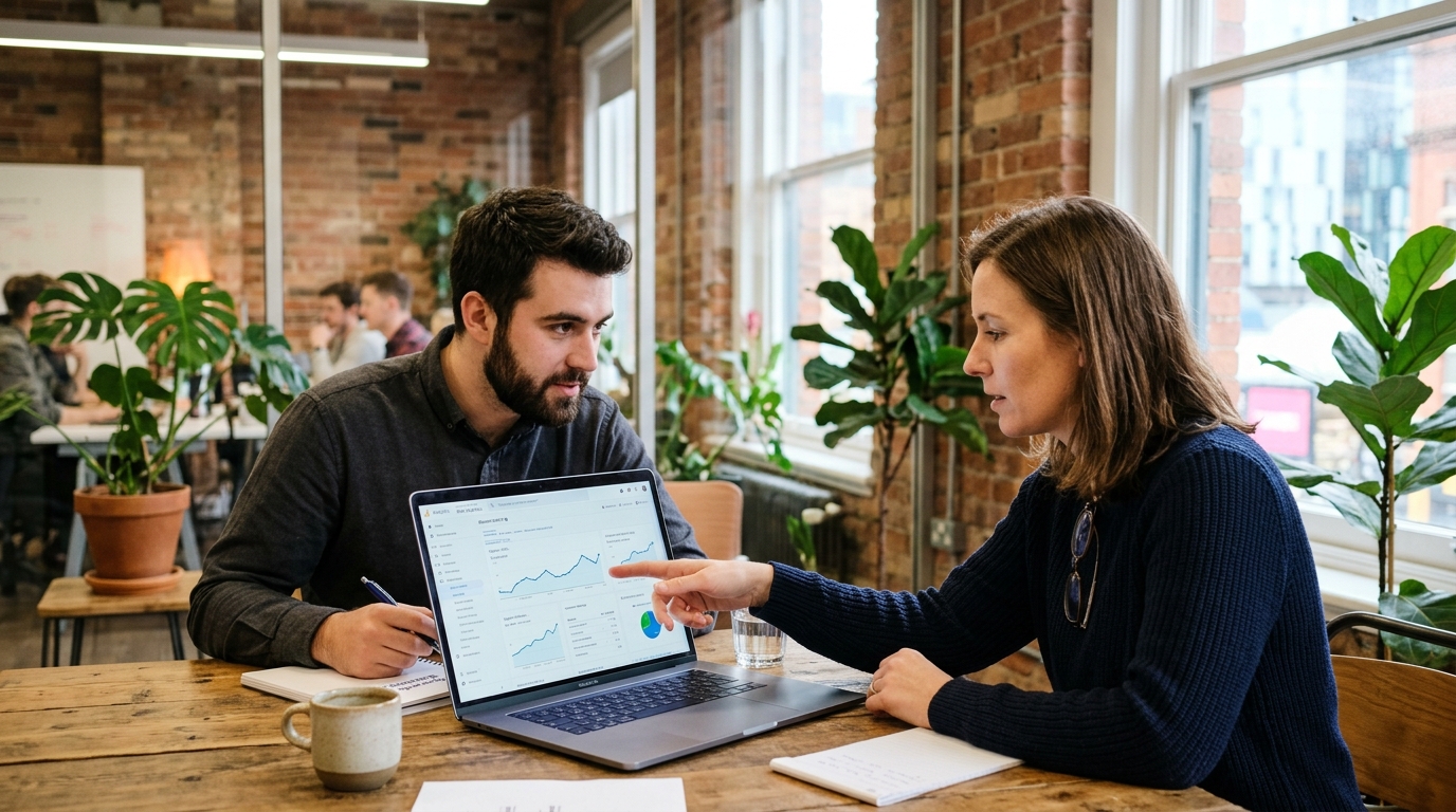 Un consultant SEO accompagne le fondateur d'une startup tech devant un tableau de bord d'analytics, dans un bureau scale-up moderne.