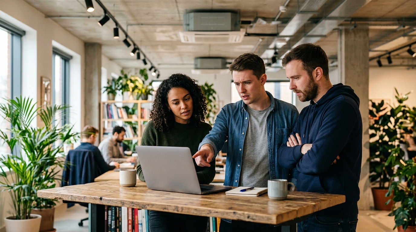 Une équipe de startup, préoccupée, examine son trafic en stagnation sur un ordinateur portable.