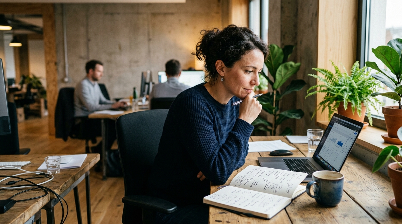 Une fondatrice de startup, pensive devant son carnet de notes et son ordinateur, arbitre entre référencement naturel et publicité payante.