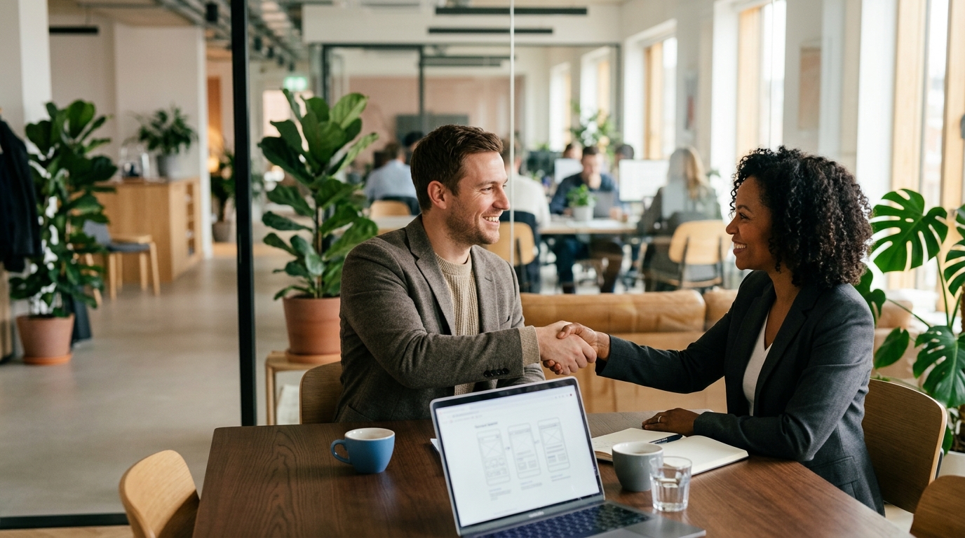 Un fondateur de startup serre la main d'un consultant SEO lors d'une première rencontre dans un bureau lumineux.