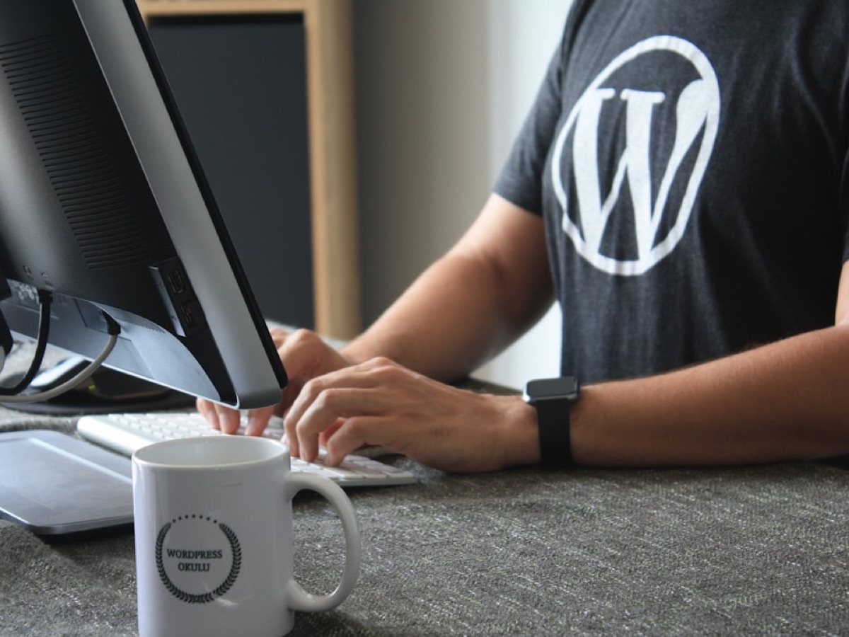 Freelance en t-shirt WordPress travaillant sur ordinateur, choix entre expert, freelance et agence SEO