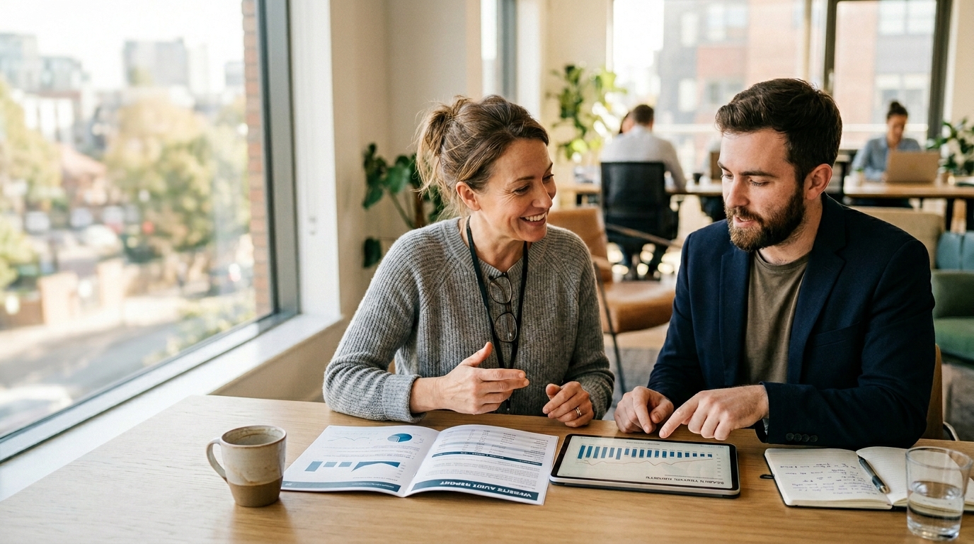 Expert en référencement SEO présentant un rapport d'audit technique à un client lors d'une mission en bureau