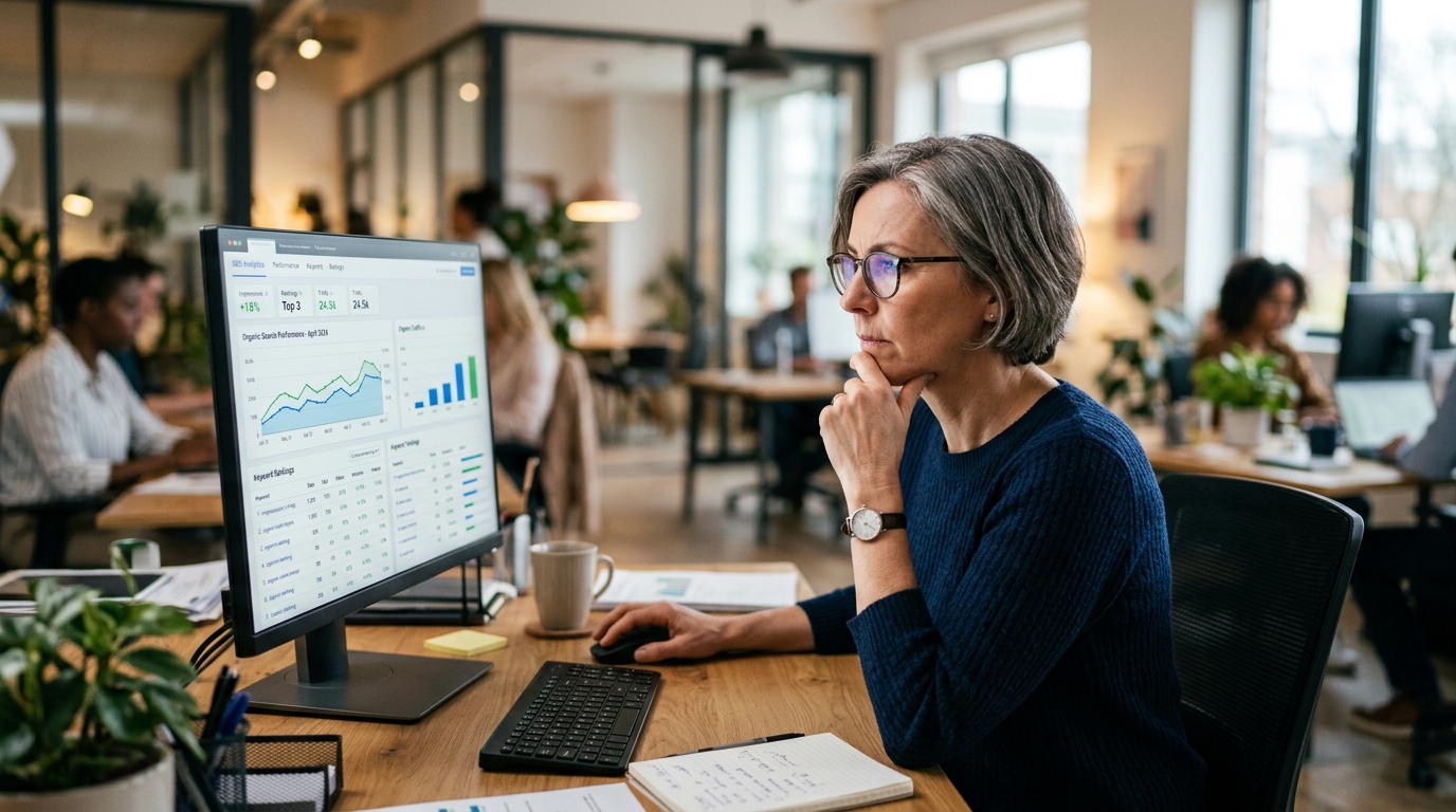 Expert SEO analysant les données de référencement et le code d'un site sur écran dans un bureau lumineux