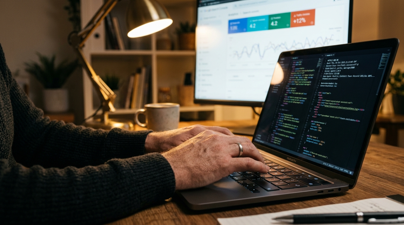 Les mains d'un expert SEO corrigeant le code d'un site, écran de métriques de performance en arrière-plan