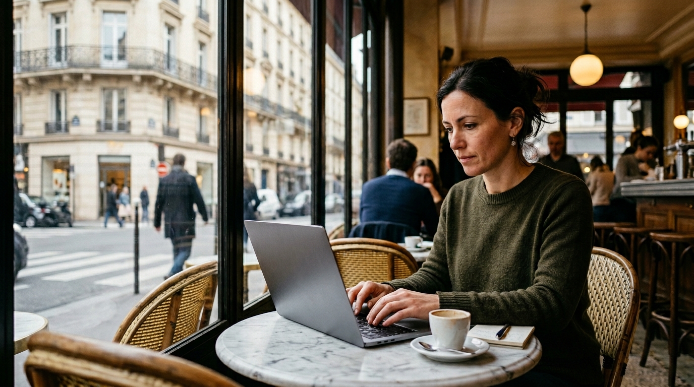 Freelance SEO à Paris travaillant sur son ordinateur dans un café parisien face à une façade haussmannienne