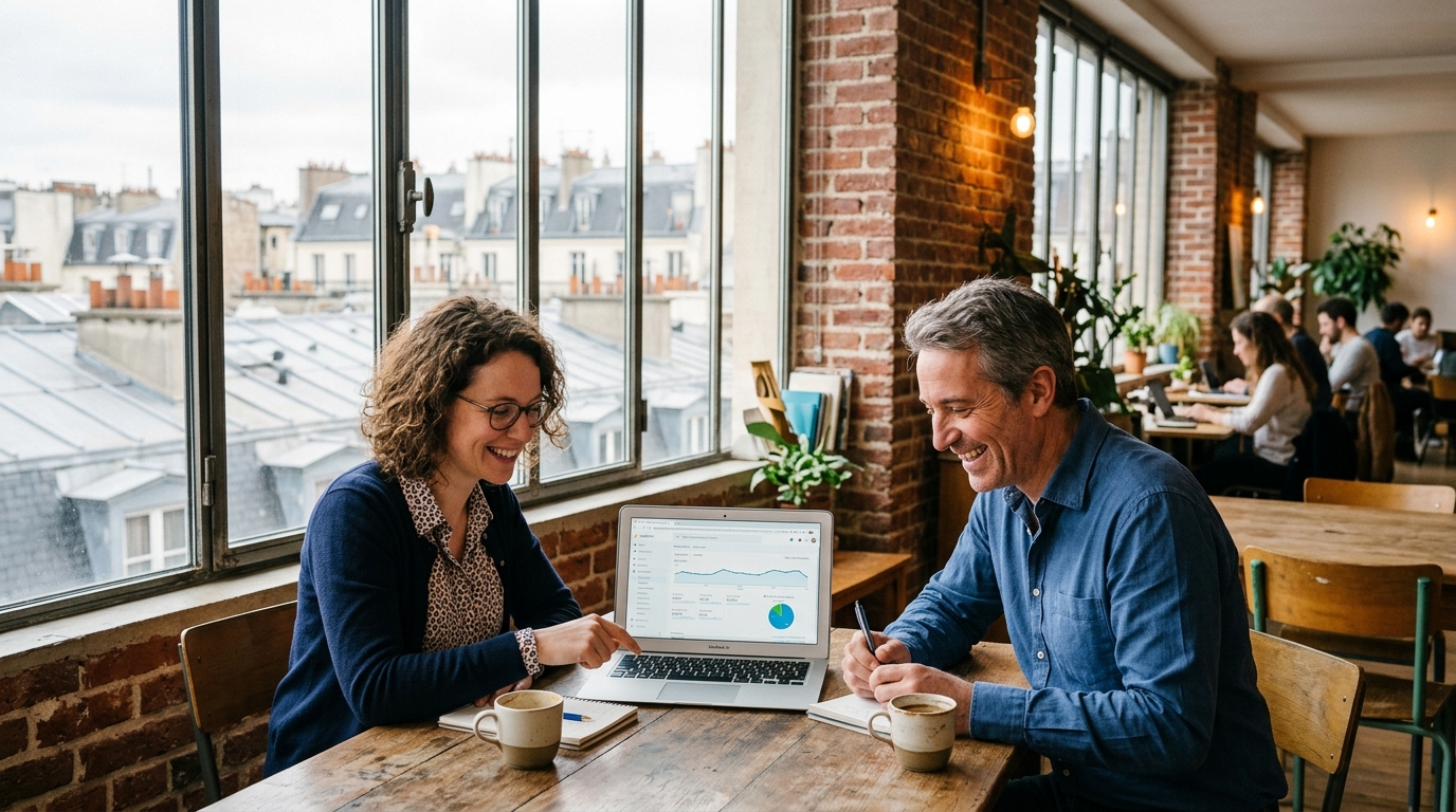 Freelance SEO à Paris présentant les résultats de trafic à un client PME dans un espace coworking parisien