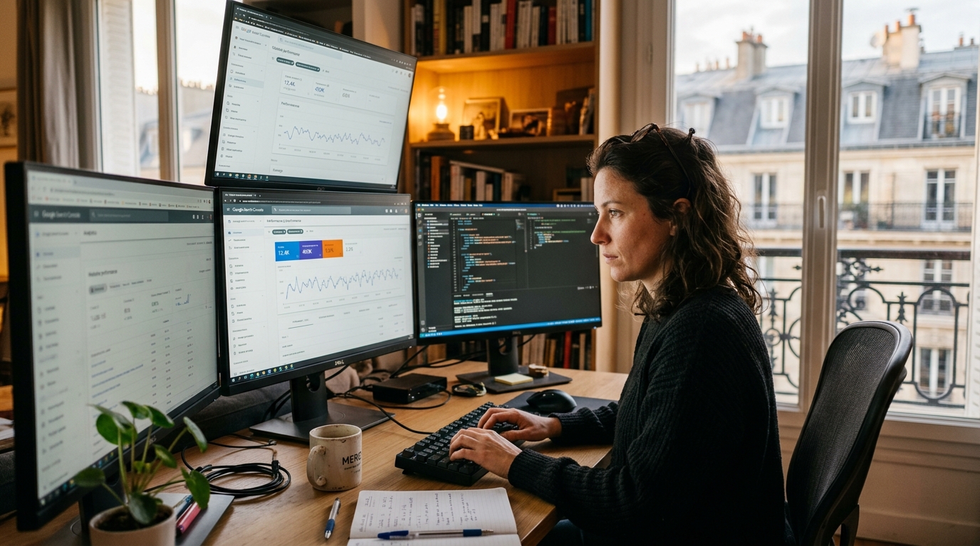 Freelance SEO à Paris analysant les Core Web Vitals sur plusieurs écrans depuis un bureau parisien