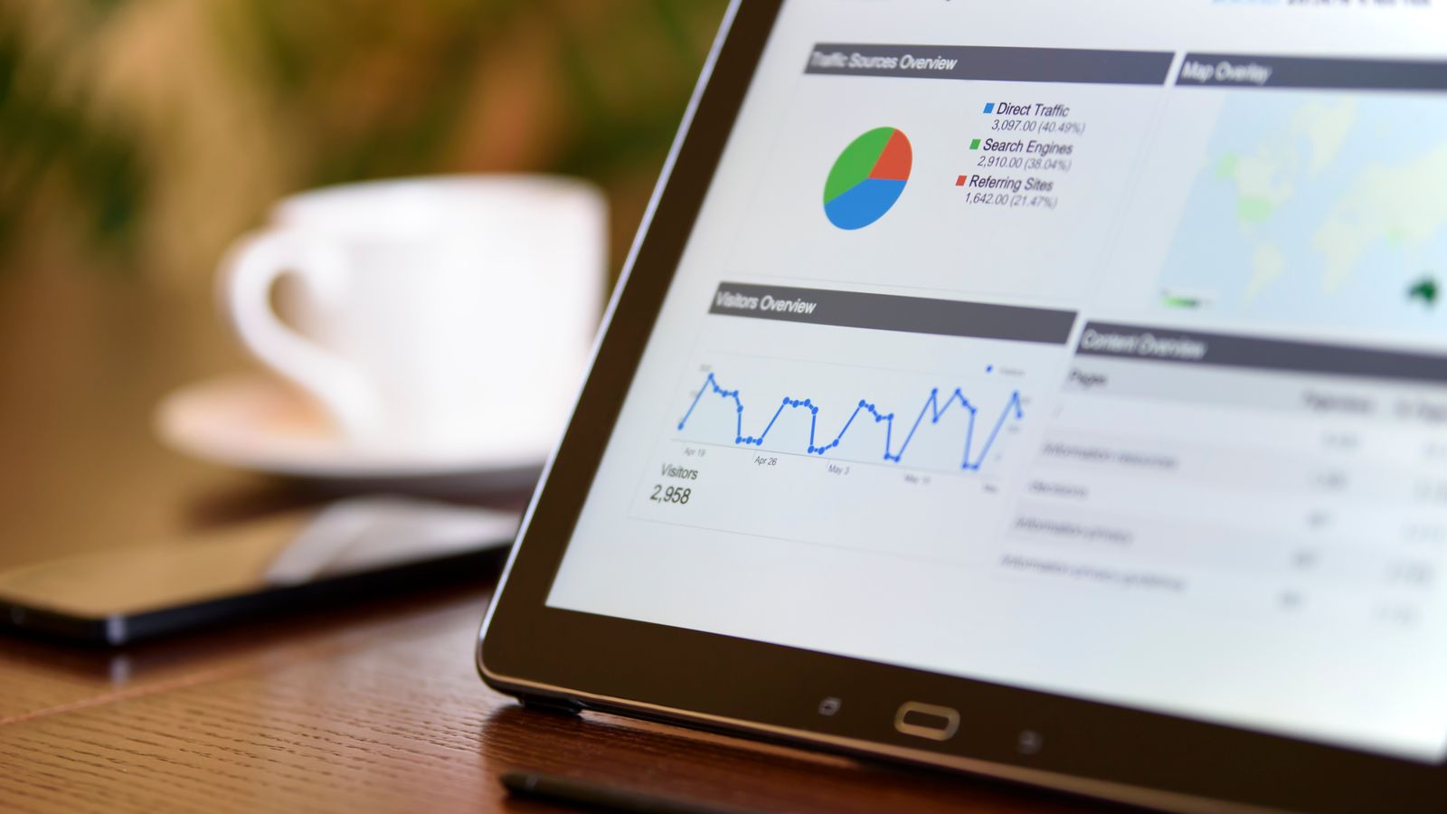 Tablette affichant un tableau de bord d'analytics détaillant les sources de trafic, dont les moteurs de recherche, et la courbe des visiteurs.
