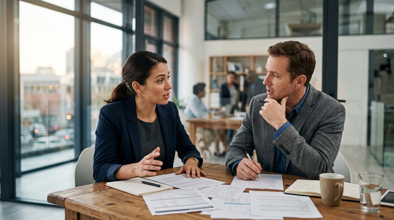 Deux dirigeants comparant le retour sur investissement SEO et SEA pour arbitrer leur budget de référencement.