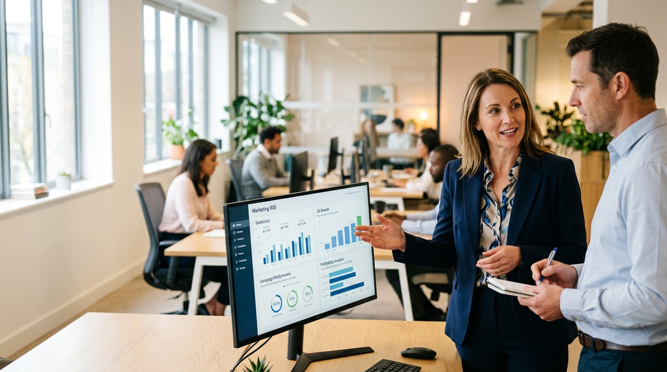Dirigeant analysant la rentabilité de son investissement marketing et le ROI SEO de son entreprise avec son équipe.