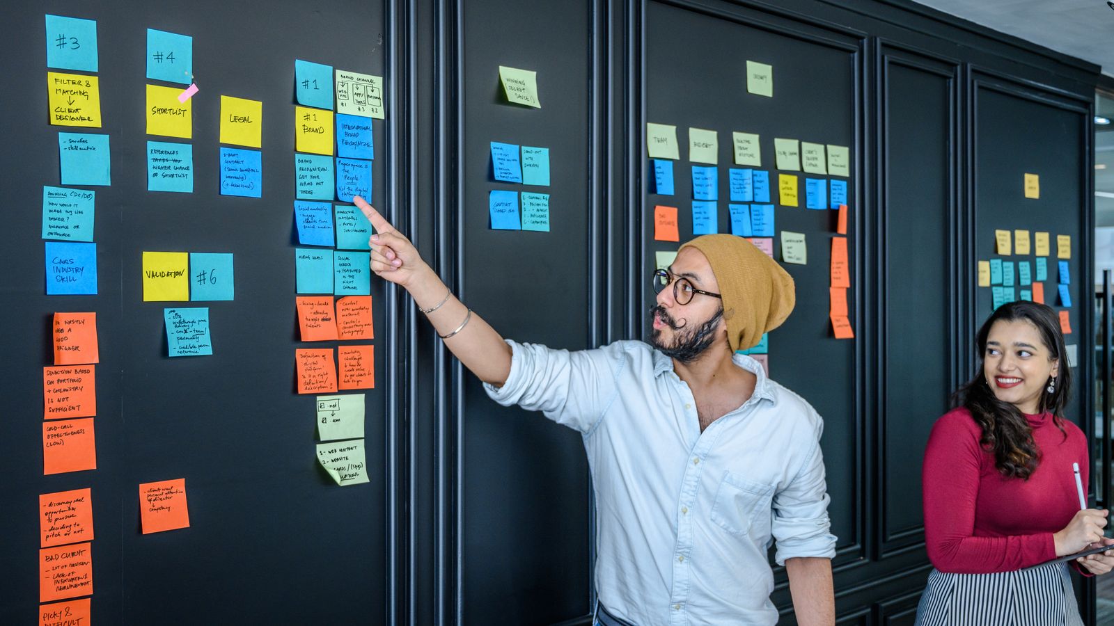 Deux collègues priorisant leurs canaux d'acquisition sur un mur de post-it colorés numérotés.