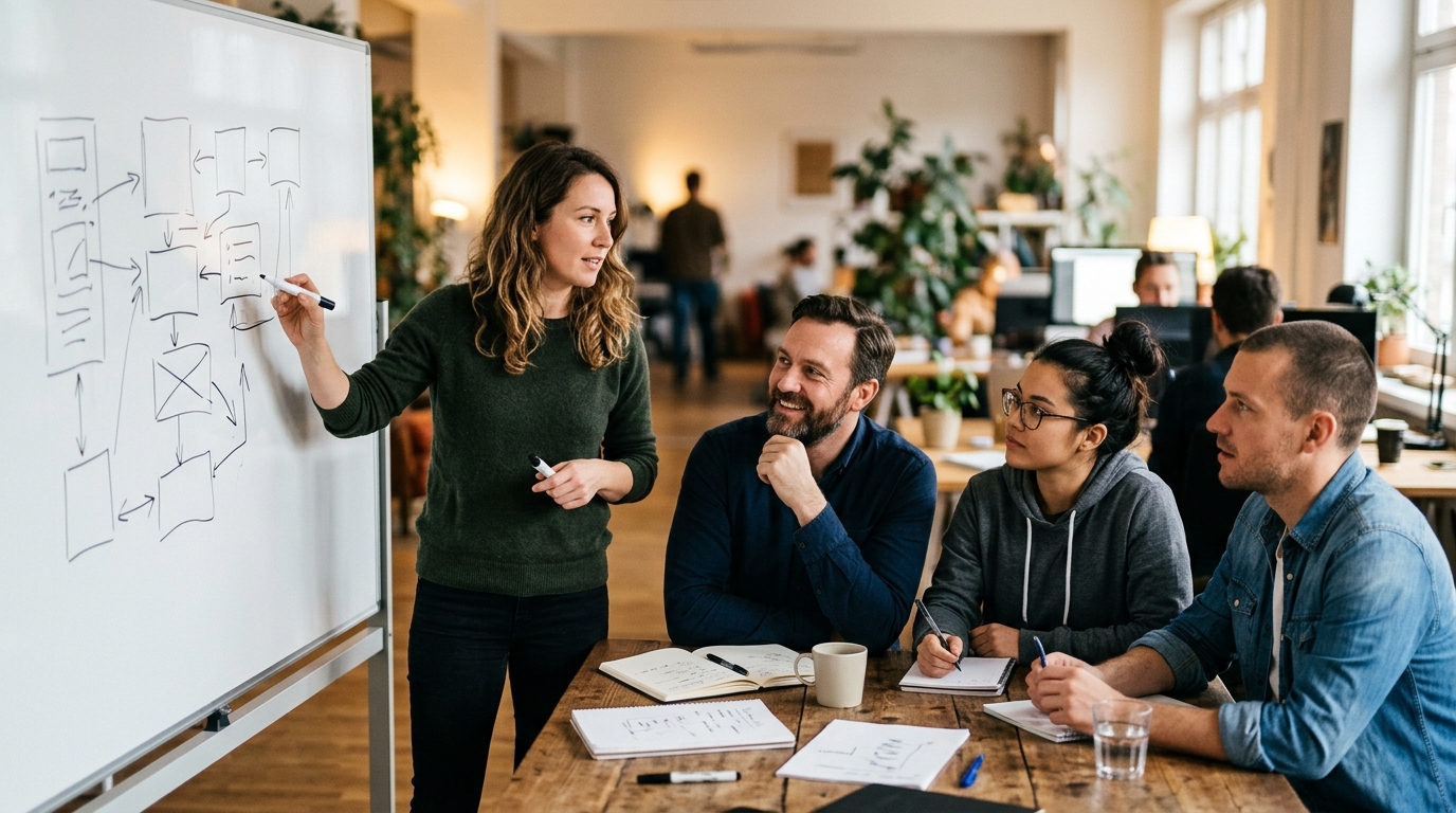 Une équipe en atelier construit les piliers d'une stratégie SEO durable autour d'un tableau de planification