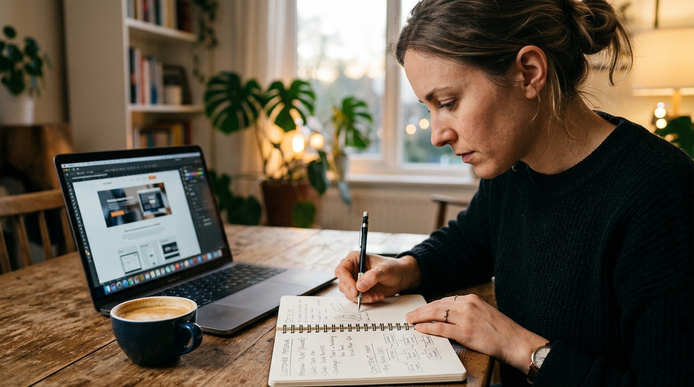 Une rédactrice planifie une stratégie de contenu SEO à partir des personas pour attirer un trafic qualifié